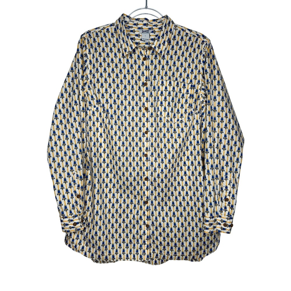 Duluth Trading Co Tunic Button Up Shirt Sz L Cream Blue Hemp Organic Cotton Ikat